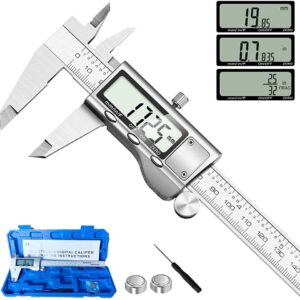 digital caliper measuring tool, stainless steel vernier caliper digital micrometer with large lcd screen, easy switch from inch metric fraction, 6 inch caliper tool for diy/household
